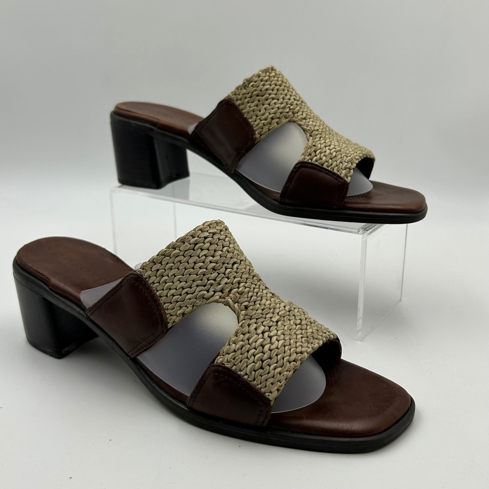 Trotters Woven Mule Sandals Womens 8.5N Brown Leather Block Heel Coastal Boho